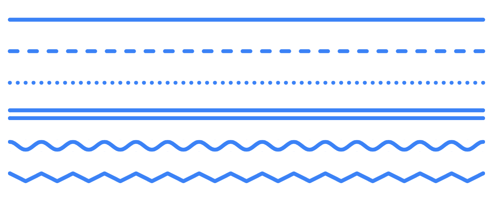 Contoh enam jenis garis yang disusun dari atas: padat, putus-putus, titik-titik, ganda, bergelombang, dan zigzag
